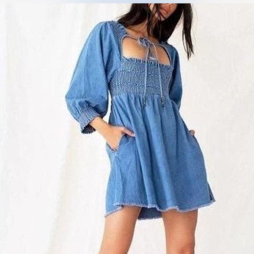 Free People Denim puff sleeve tie babydoll dress Size XS